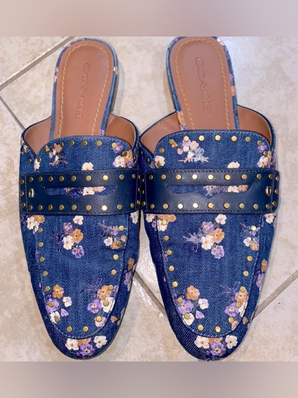 COACH Studded Blue Floral Mules/ Slides Women’s US 9 in Painted Floral Box Print